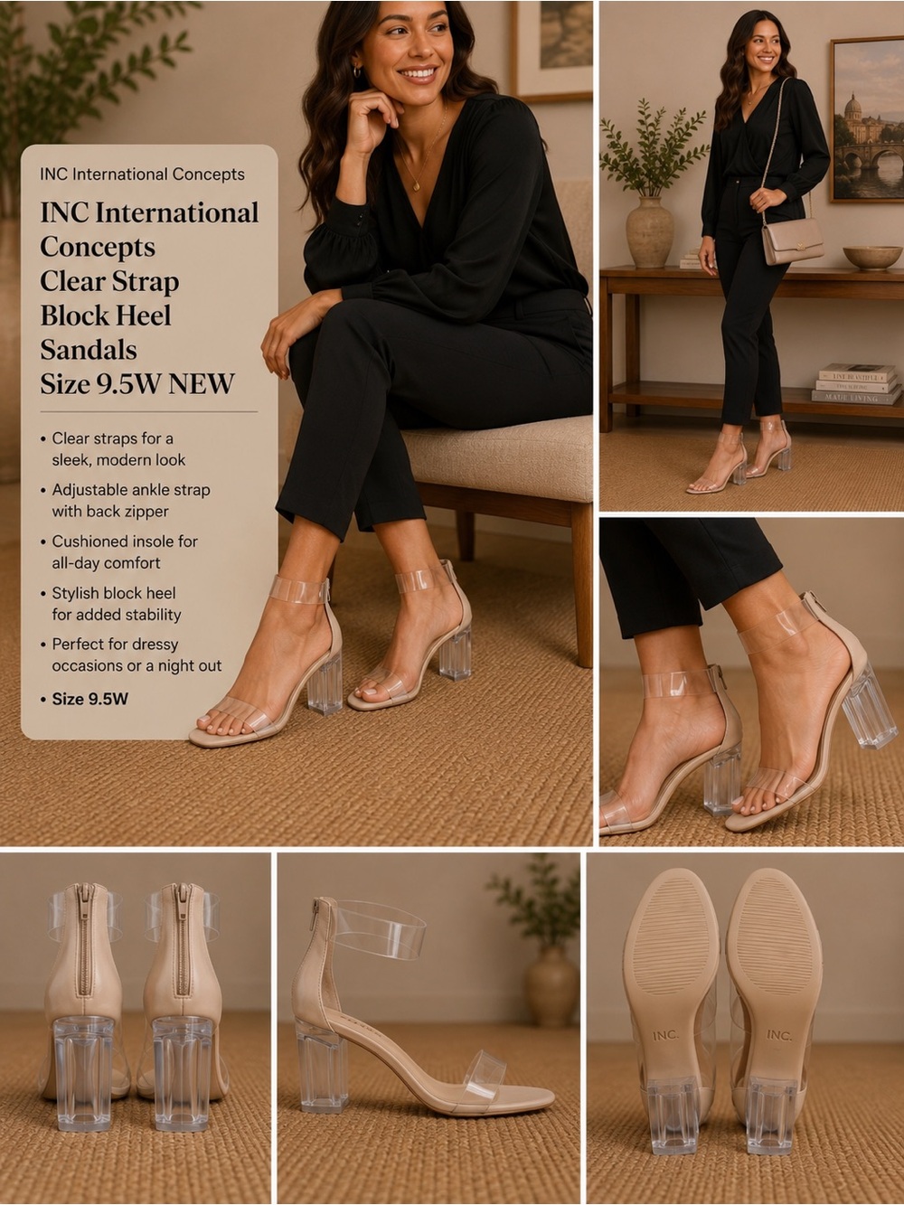 INC International Concepts Clear Strap Block Heel Sandals Size 9.5W NEW